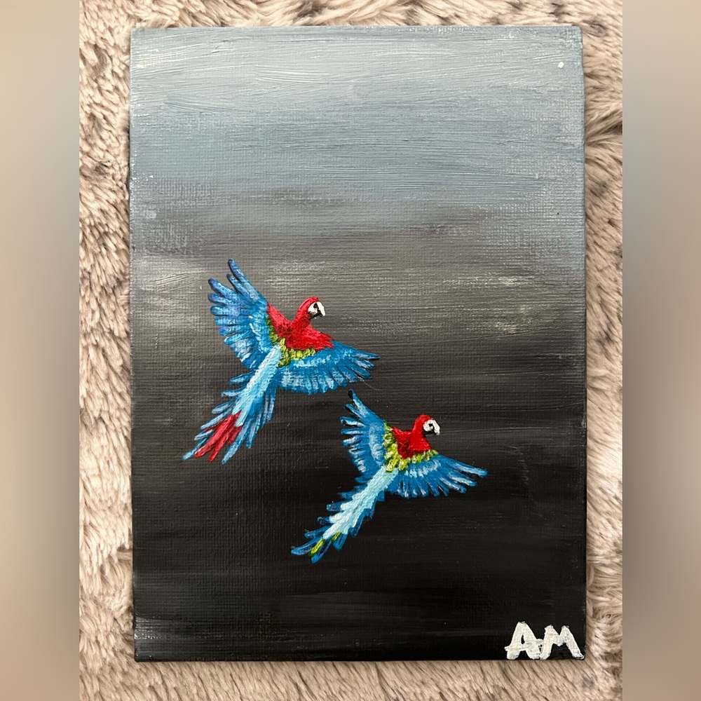 Beautiful Original Handmade Red Macaw Parrot Painting in Acrylic on 5”x7” Canvas
